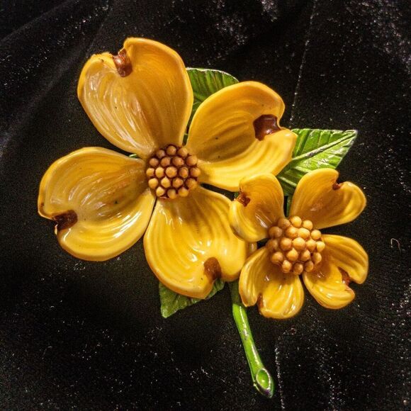 Mid Century Vintage Celluloid Yellow Dogwood Brooch Pin - Picture 2 of 7
